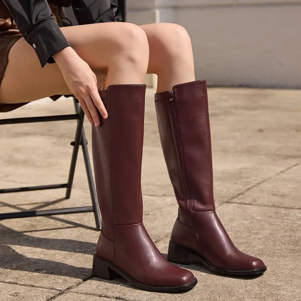 Women Brown Chunky Low Heel Square Toe Elastic Tall Boots Side Zipper PU Lea